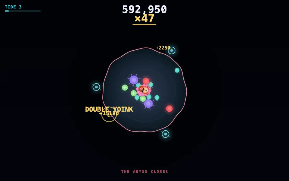 Real gameplay: the crab flings a hooked monster through the swarm and a DOUBLE YOINK floats up as the abyss closes in.