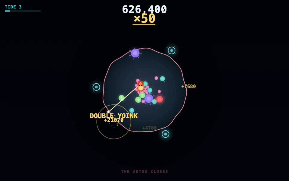 Real gameplay still: the crab mid-throw, a DOUBLE YOINK toast on screen, the swarm crowding a shrinking island.